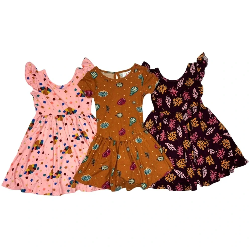 Dot Smile Toddler 2T‎ Dress Lot 3pc Fall Thanksgiving Turkey Squash Leave Empire